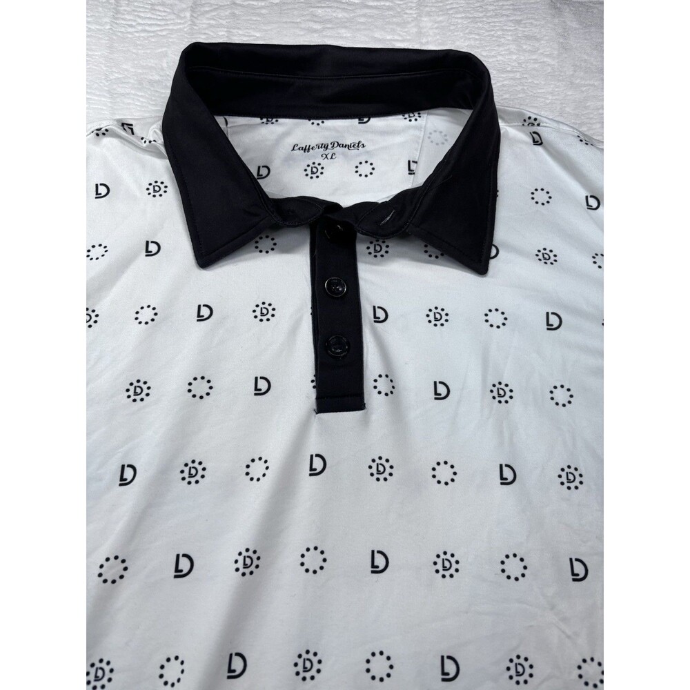 Lafferty Daniels Golf Polo White Black Circle LD Logo AOP XL EUC - Rare Pattern